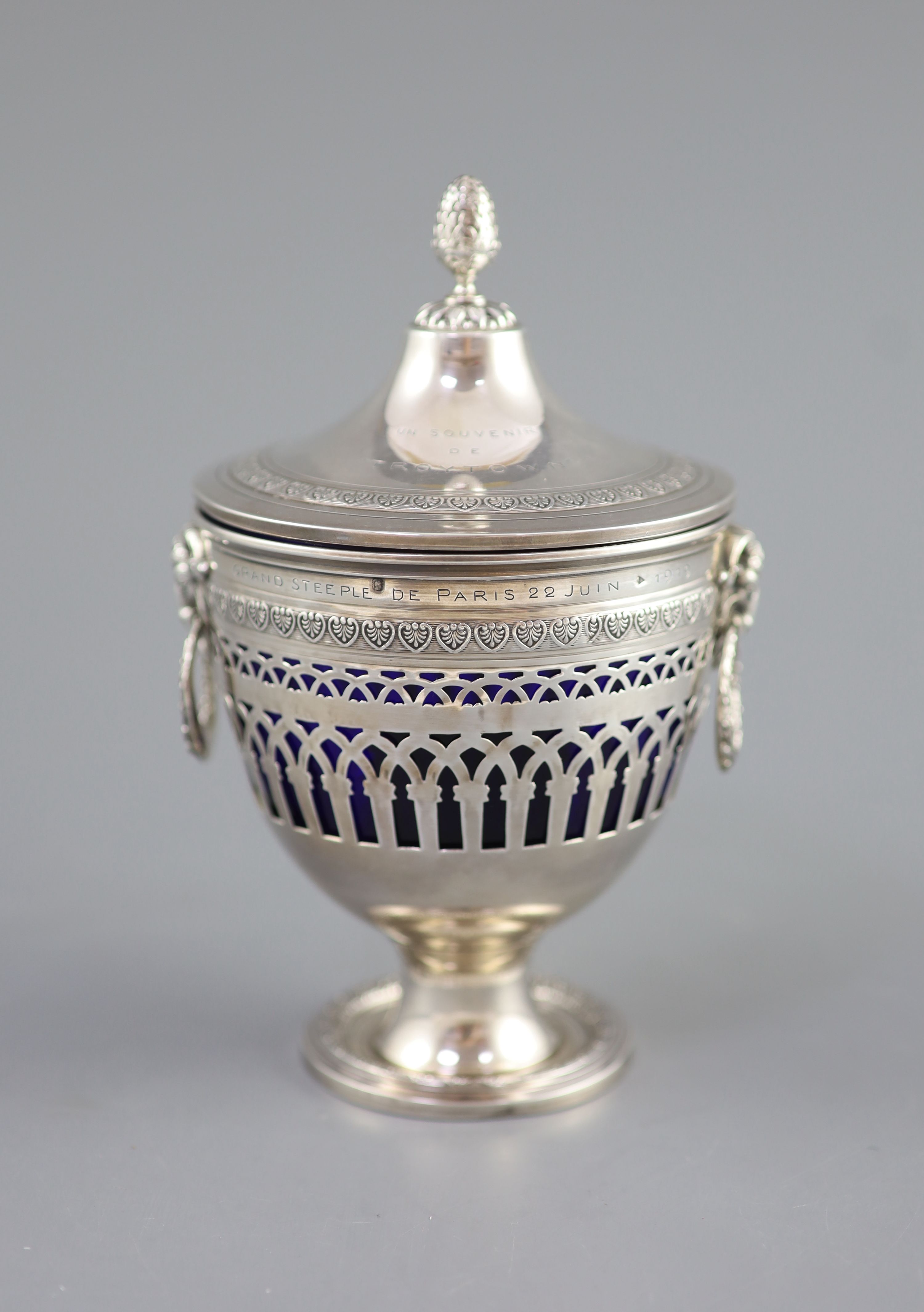 An early 20th century French silver two handled sugar bowl and cover, with Troytown Grand Steeplechase de Paris, 1919 inscription, see lot for related items